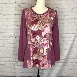 LOGO Lounge Burgundy Lace Accent Inlay Pullover Sweatshirt Small